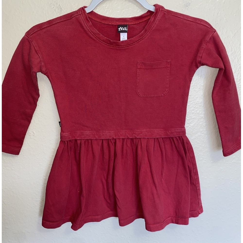 Tea Collection Pocket Play Dress Red Size 4 Long Sleeve Basic Solid Color